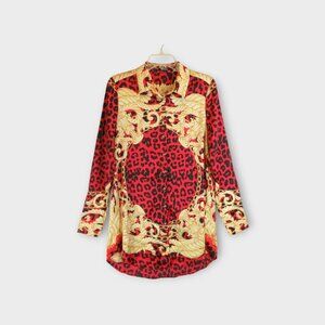 Guess Red Gold Button Up Tunic Blouse Size S